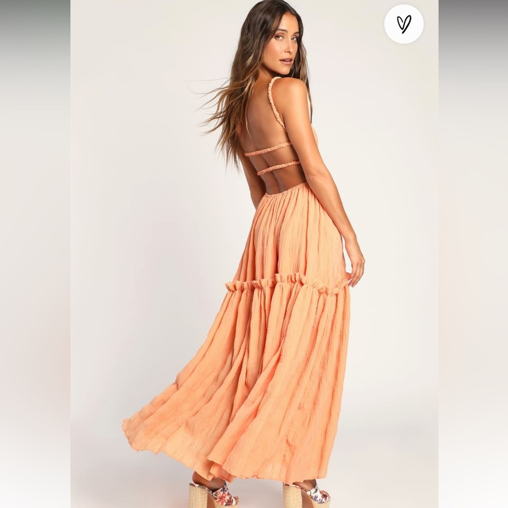 Lulus back to breezy light orange backless tiered maxi dress